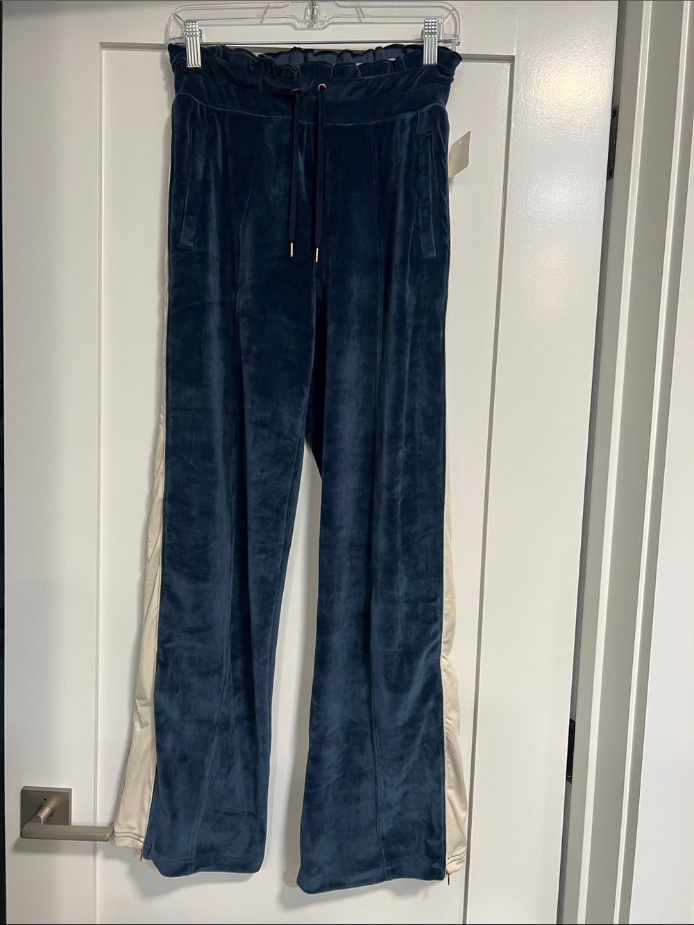 High stretch Navy Velvet Drawstring Track Pants with Cream Side Panels